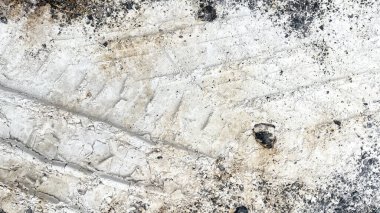 Kirli zeminde yol ve doku gösteren bir arabanın bıraktığı görünür lastik izleri..