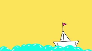 Su dalgalarında yüzen origami teknesi hakkında çocuklar için eğlenceli renkli animasyon..