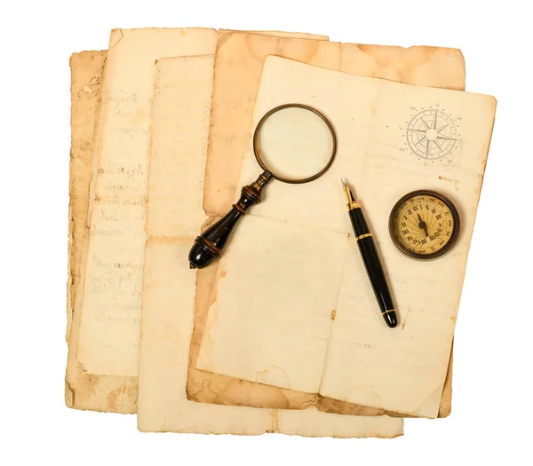 Staré Listy Kompasem Růže Lupa Plnicí Pero Izolované Bílém — Stock fotografie