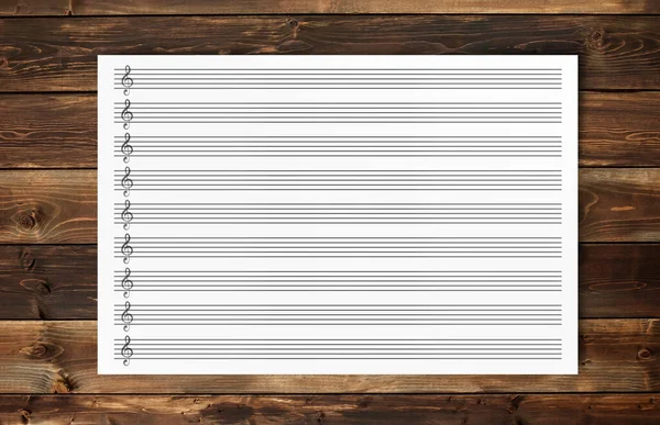 Blank Sheet Music Composition Manuscript Staff Wood Background — Stock Photo, Image