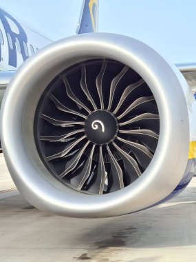 2022.05.05 Palermo Punta Raisi Airport, Ryanair low cost airline,evocative close-up image of the aircraft's turbine