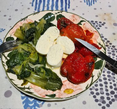 Homemade vegetarian dish with vegetables and cheeses depicting the colors of the Italian flag
