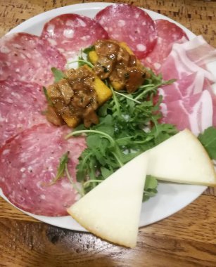 close-up of a plate of plate with various cold cuts (salami and coppa)cheese in an Italian trattoria