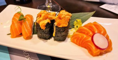 close up of a plate of japanese sushi