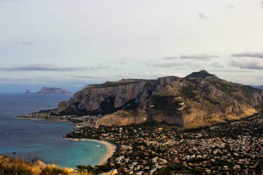 Mondello, Sicily, panoramic view of the town from the Capo Gallo Reserve with Monte Pellegrino in the background