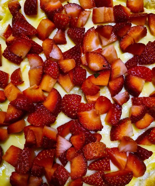 Evokative Nahaufnahme Von Erdbeeren Und Puddingstücken Eines Kuchens — Stockfoto