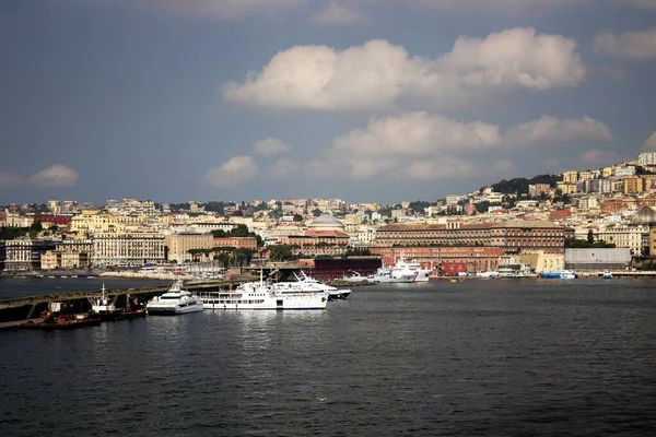 stock image evocative image of the view of the port of Naples from the sea on a line ferry