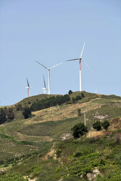 Evocative Image Wind Turbines Positioned Hill Sicilian Countryside — Stock Photo, Image