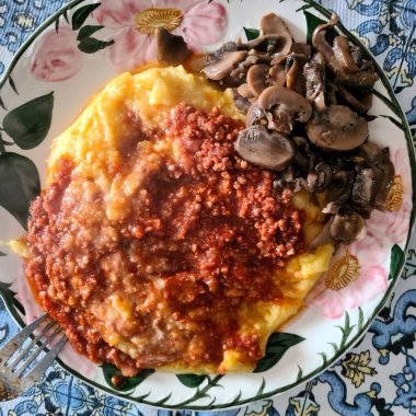 Ev yapımı, paçavra ve mantarlı ev yapımı bir polenta tabağının canlandırıcı görüntüsü..