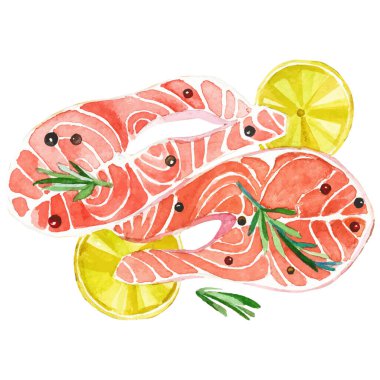 Suluboya boyalı somon fileto El beyaz arka planda izole edilmiş taze deniz ürünleri tasarımı elementi çizdi