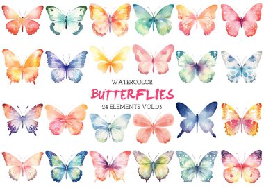 Vektör suluboya boyalı kelebekler toplanır. El çizimi tasarım ögeleri beyaz arkaplanda izole edildi.