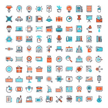 Aşağıdaki temalar - yaratıcı süreç, ofis ve iş, alışveriş ve perakende, SEO ve web optimizasyonu - üzerine 100 adet düz çizgi web simgesi