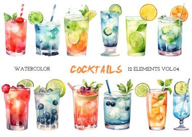 Vektör suluboya, boyalı kokteyller. El çizimi tasarım ögeleri beyaz arkaplanda izole edildi.