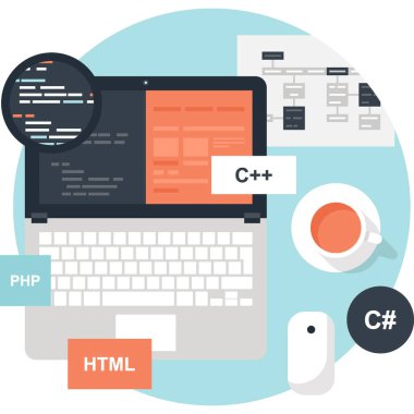 yazılım kodlama ve geliştirme kavramları soyut düz vektör Illustration. tasarım öğeleri için mobil ve web uygulamaları.