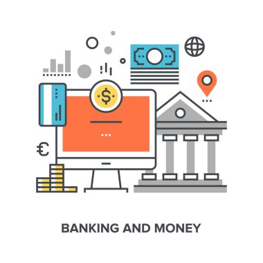 Bankacılık ve para düz çizgi tasarım konsepti vektör çizim.