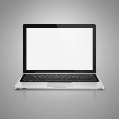 Gri arkaplanda boş ekranı olan modern dizüstü bilgisayarın yüksek detaylı gerçekçi vektör çizimi.