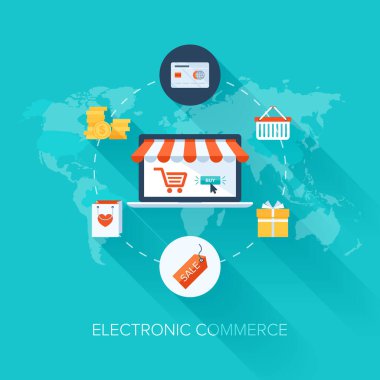 Uzun gölgeli düz ve renkli elektronik ticaret kavramının soyut vektör çizimi. Web ve mobil uygulamalar için tasarım ögeleri.