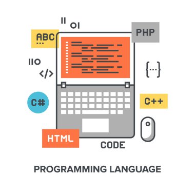 Dil düz çizgi tasarım konsepti programlama vektör çizim.