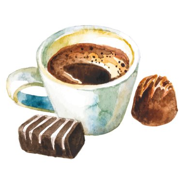 Suluboya kahve fincanı. El çizimi tasarım ögesi beyaz arkaplanda izole edildi.