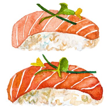 Suluboya boyalı suşi. Beyaz arkaplanda el yapımı taze deniz ürünleri tasarımı elementi izole edildi.