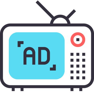 Televizyon reklamları tasarım konseptinin modern düz çizgi vektör illüstrasyon ikonu. Mobil ve web grafikleri için simge. Taslak sembol, logo yaratıcı konsept. Basit ve temiz doğrusal pictogram