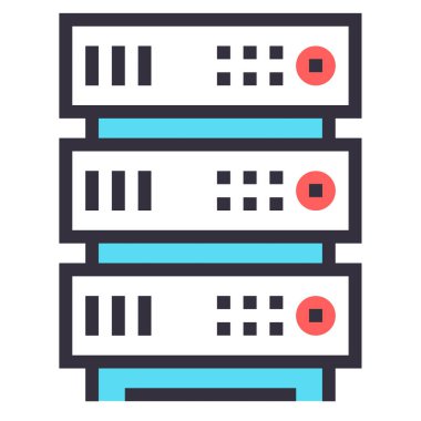 Sunucu rafı tasarımı kavramının modern düz çizgi vektör illüstrasyon simgesi. Mobil ve web grafikleri için simge. Taslak sembol, logo yaratıcı konsept. Basit ve temiz doğrusal pictogram