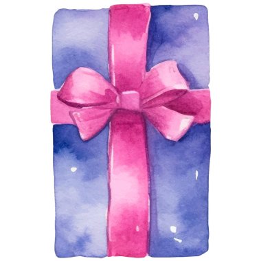 Suluboya vektör boyalı hediye kutusu. El çizimi tatil tasarımı ögesi beyaz arkaplanda izole edildi.