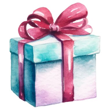 Suluboya vektör boyalı hediye kutusu. El çizimi tatil tasarımı ögesi beyaz arkaplanda izole edildi.