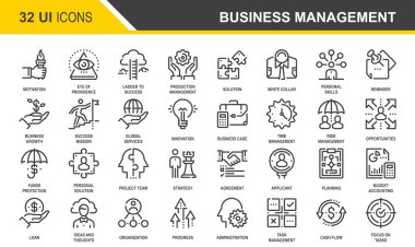 Vektör iş yönetimi düz çizgi web simgeleri ayarlayın. Her simge özenle tasarlanmış piksel mükemmel 48 x 48 Boyut ızgarası üzerinde ayarlanabilir darbeleri ile. Tamamen düzenlenebilir ve kullanımı kolay.