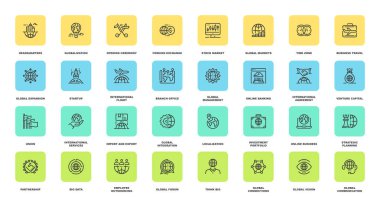 Küresel iş düz çizgi web simgeler vektör kümesi. Her simge özenle tasarlanmış piksel mükemmel 48 x 48 Boyut ızgarası üzerinde ayarlanabilir darbeleri ile. Tamamen düzenlenebilir ve kullanımı kolay.