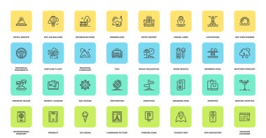 Turizm ve seyahat eden düz çizgili web simgeleri. Ayarlanabilir darbelere sahip her bir simge mükemmel 48X48 piksel boyutunda dizayn edilmiştir. Tamamen düzenlenebilir ve kullanımı kolay..