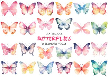 Vektör suluboya boyalı kelebekler toplanır. El çizimi tasarım ögeleri beyaz arkaplanda izole edildi.