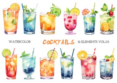 Vektör suluboya, boyalı kokteyller. El çizimi tasarım ögeleri beyaz arkaplanda izole edildi.