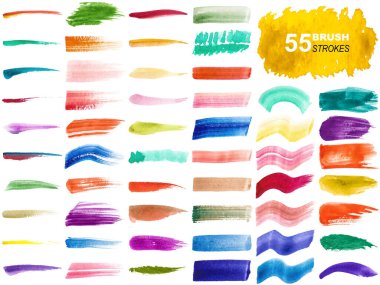 Renkli suluboya fırça darbelerinin vektör koleksiyonu ve beyaz arkaplanda izole edilmiş sıçramalar.