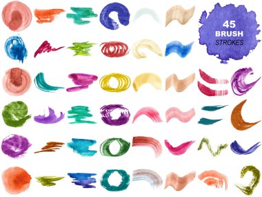 Renkli suluboya fırça darbelerinin vektör koleksiyonu ve beyaz arkaplanda izole edilmiş sıçramalar.