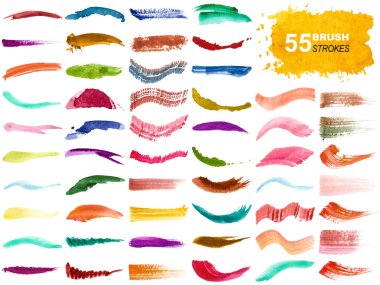 Renkli suluboya fırça darbelerinin vektör koleksiyonu ve beyaz arkaplanda izole edilmiş sıçramalar.