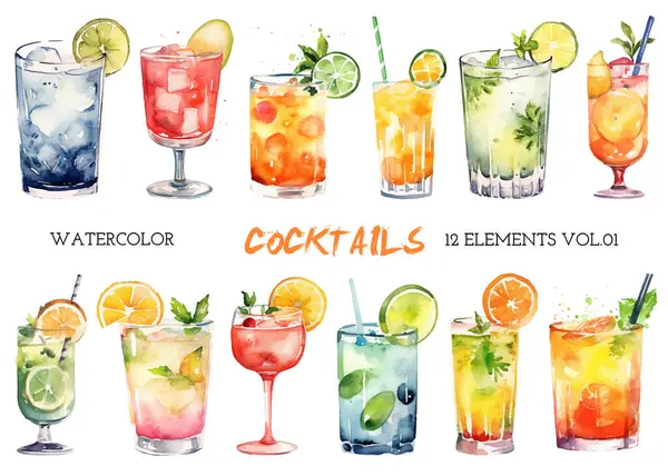 Vektör suluboya, boyalı kokteyller. El çizimi tasarım ögeleri beyaz arkaplanda izole edildi.