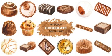 Beyaz arkaplanda izole edilmiş vektör suluboya çikolatalı el çizimi elementler