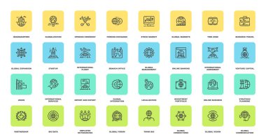 Küresel iş düz çizgi web simgeler vektör kümesi. Her simge özenle tasarlanmış piksel mükemmel 48 x 48 Boyut ızgarası üzerinde ayarlanabilir darbeleri ile. Tamamen düzenlenebilir ve kullanımı kolay.