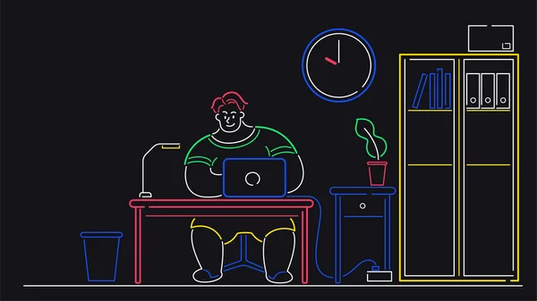 Homem Está Usando Laptop Quarto Colorido Linha Vetor Ilustração Fundo — Vetor de Stock