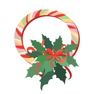 Çoklu renkli çizgili Noel çelengi ve beyaz arka planda kırmızı bir fiyonk. Tatil süslemeleri, tebrik kartları, şenlik tasarımları ve mevsimlik için mükemmel.