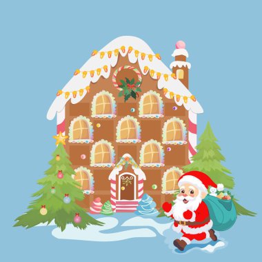 Pencereleri krema ve renkli şekerlemelerle süslenmiş, çelenklerle ve Noel ağacıyla çevrili, ökseotuyla süslenmiş bir evin vektör çizimi. Neşeli bir Noel Baba