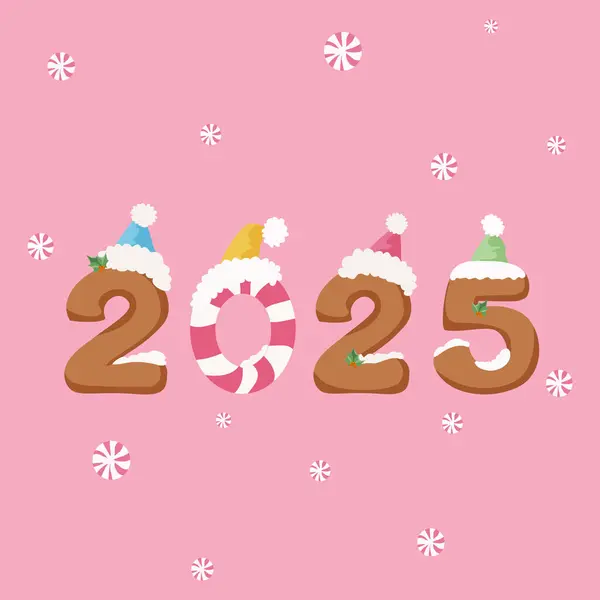 stock vector The numbers 2025 in the form of gingerbread, royal icing in hats on a pink background with confetti from candy. Christmas square design. Square vector illustration.