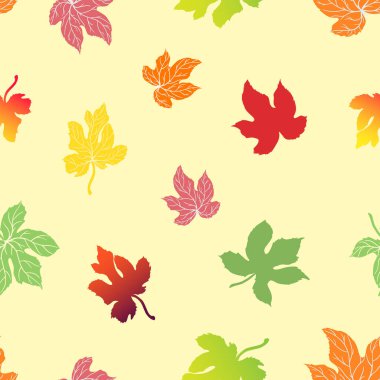 Sarı arka planda incir yapraklı bu pürüzsüz desen kalın ambalajlar, sonbahar temalı tasarımlar ve davetiyeler, tasarımcılar, markalar ve mevsimsel promosyonlar için mükemmeldir. Vektör illüstrasyonu