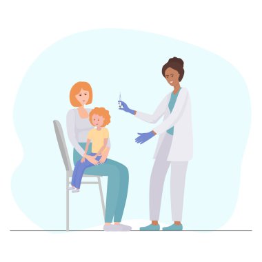 Beyaz üniformalı bir tıp çalışanı annesinin kucağında oturan bir çocuğu aşılamaya hazırlanıyor. Sağlık kampanyaları, aşı reklamları, klinik materyalleri veya sağlık eğitimi için ideal. Vektör illüstrasyonu