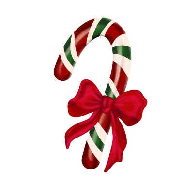 Kırmızı kurdeleli beyaz, kırmızı ve yeşil çizgili Noel şekerli bu klip sanatı bayram temalı ambalaj kartları, mevsimlik reklamlar, kış promosyonları, dekorasyonlar için mükemmeldir..
