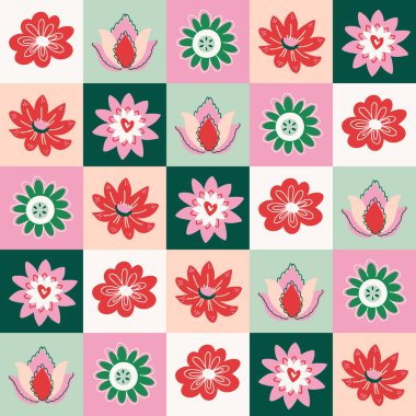 Kırmızı, pembe, yeşil ve bej renkte çiçek motifleri içeren pürüzsüz bir desen. Tekstil, duvar kâğıtları ve dekoratif tasarımlar için mükemmel..