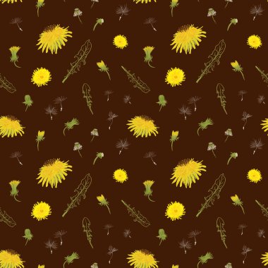 Koyu kahverengi arka planda tüylü ve zarif yaprakları olan parlak ve neşeli bir desen..