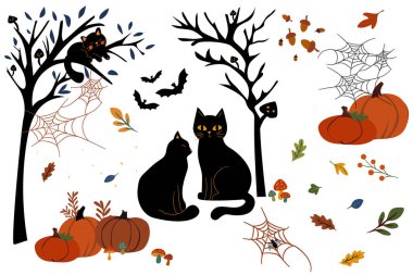 Cadılar Bayramı 'nda siyah kediler, balkabakları, ağaçlar, yarasalar, örümcek ağları ve sonbahar yaprakları toplanır. Parti dekorasyonu, baskılar, çıkartmalar ve davetiyeler için mükemmel..