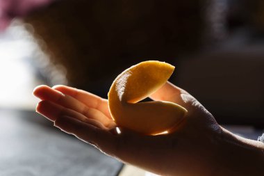 hand holding a fortune cookie against a bright light, the golden color of the cookie contrasts with the hand of the child and the intense light creates a interesting effect.